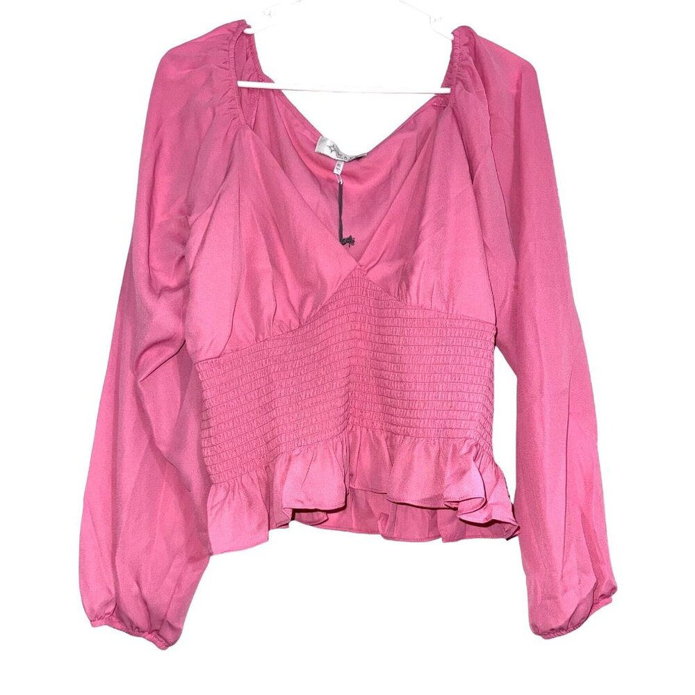 WAYF Womens XL Pink Smocked Waist Ruffle Hem Long Sleeve Blouse